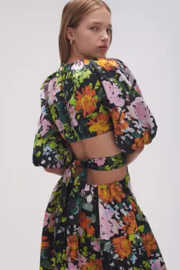 Aje Mimosa Cutout Midi Dress Puff Sleeves Midnight Floral Size AU 10  for rent on The Volte - image 3