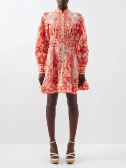 Zimmermann Lyre Billow Sleeve Mini Dress Red Palm Print Size 0/Au 8  for rent on The Volte - image 1