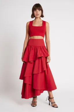 Aje Cosmos Tiered Frill Midi Skirt Red Size 8 for rent on The Volte - image 4