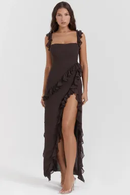 House of CB Ariela Ruffle Maxi Dress in Expresso Size S/ AU 8 for rent on The Volte - image 1