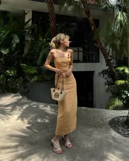 Sir The Label Antonia Beaded Midi Dress Light Tan Size 1 / AU 8 for rent on The Volte - image 3