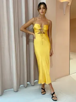 Shona Joy Alma Lace Up Midi Dress Saffron Yellow Size AU 12 for rent on The Volte - image 1