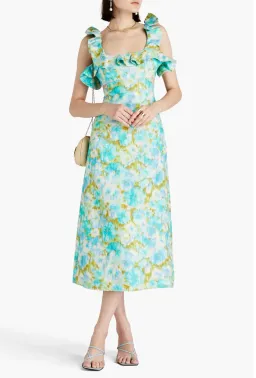 Zimmermann High Tide Ruffle Midi Dress Aqua Ikat Floral Size 1 / AU 10 for rent on The Volte - image 6