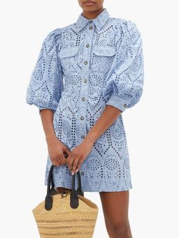 Ganni Balloon-sleeve broderie anglaise mini shirt dress for rent on The Volte - image 3