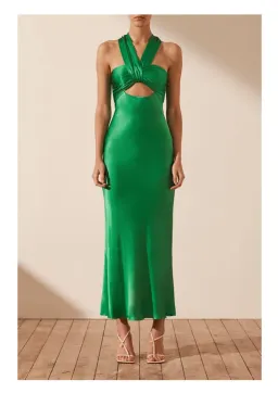 Shona Joy Lana Ruched Halter Midi Dress Tree Green Size AU 8 for rent on The Volte - image 1