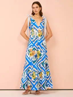 By Nicola Andoncia Tie Shoulder Maxi Dress Azure Blue Floral Size 8 for rent on The Volte - image 1