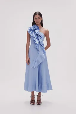 AJE - Adelia One Shoulder Ruffled Linen Blend Dress Light Sky Blue - Size 14 for rent on The Volte - image 1