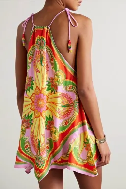 Farm Rio + Net Sustain Bead-embellished Satin Mini Dress Printed Size AU 6 for rent on The Volte - image 2