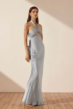 Shona Joy La Lune Ruched Halter Maxi Dress Powder Blue Size AU 8 for rent on The Volte - image 1