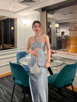 Shona Joy La Lune Ruched Halter Maxi Dress Powder Blue Size AU 8 for rent on The Volte - image 5