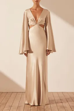 Shona Joy La Lune Flared Sleeve Open Back Maxi Dress Gold Size 6 for rent on The Volte - image 1
