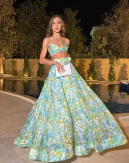 Zimmermann High Tide Twist Crop Bodice Size 3 / AU 14 & Maxi Skirt Size 2 / AU 12 Set in Aqua Ikat Floral for rent on The Volte - image 1