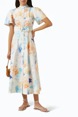 Leo Lin Bianca Short Sleeve Midi Dress Rosebud Floral Print in Cream Size 16 for rent on The Volte - image 2
