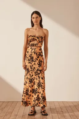 Shona Joy Solare Strapless Cut Out Ruched Midi Dress Floral Size 6 for rent on The Volte - image 1