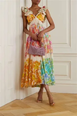 Zimmermann Raie Cut Out Ruffled Printed Silk-Chiffon Midi Dress Multi Floral Size 4/ AU 16 for rent on The Volte - image 1