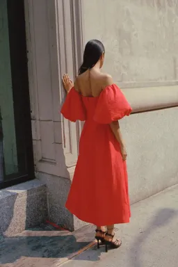 Aje Eugenie Off Shoulder Midi Dress Scarlet Red Size 12 for rent on The Volte - image 2