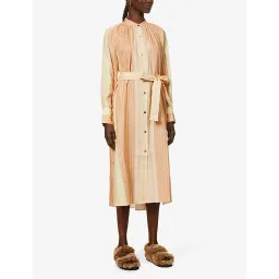 Oroton Striped Long Sleeve Belted Straight Fit Linen Midi Dress Almond Milk Size 12 for rent on The Volte - image 2