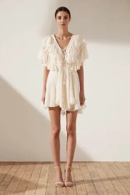 Shonya Joy Stella Ruffle Drawstring Dress Cream Size 12 for rent on The Volte - image 1