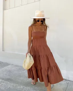 Shona Joy Elsa Linen Tiered Midi Dress Gingerbread Brown Size 12 for rent on The Volte - image 4