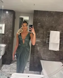 Roberto Cavalli Low V Neck Dress Green Metallic Size 8 for rent on The Volte - image 2