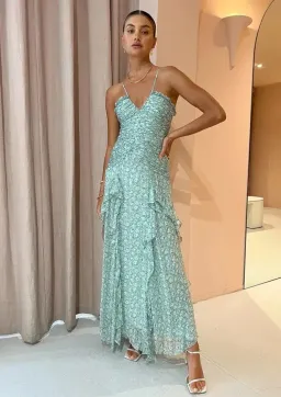 Shona Joy Aurore Ruched Frill Maxi Dress Green Floral - Size 10 for rent on The Volte - image 2