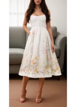 Zimmermann Natura Ruched Midi Dress Ivory Wild Flowers Size 0 / AU 8  for rent on The Volte - image 1