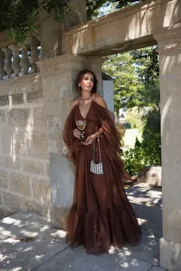 Zimmermann Natura Billow Top & Skirt Set Brown Size 0 / AU 8  for rent on The Volte - image 1