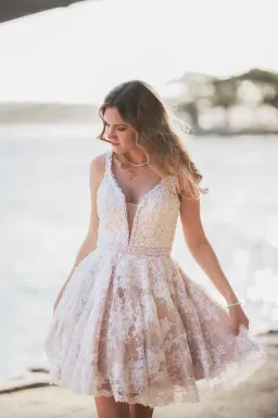 Sherri Hill 50656 Lace Mini Dress White Size 6 for rent on The Volte - image 5