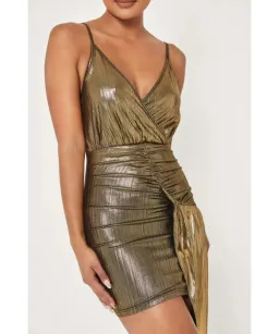 Meshki Dante Drape Wrap Mini Dress In Gold Size S / AU 8 for rent on The Volte - image 4