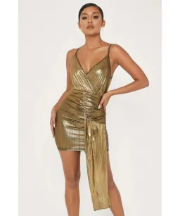 Meshki Dante Drape Wrap Mini Dress In Gold Size S / AU 8 for rent on The Volte - image 3