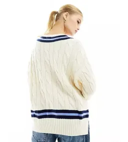 Polo Ralph Lauren Knitted V Neck Cricket Jumper With Stripe In Cream Size 10 for rent on The Volte - image 3