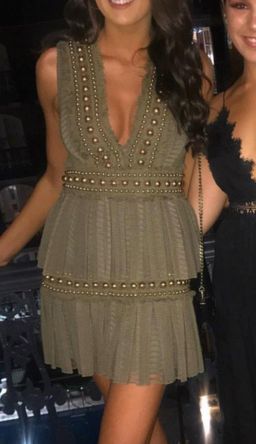 Khaki Lace Pleat Mini Dress Size 8 for rent on The Volte - image 5