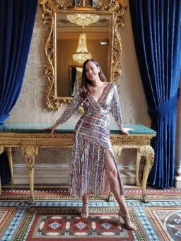 Rixo London Tyra Striped Sequined Crepe Midi Dress in Multi Size AU M for rent on The Volte - image 2