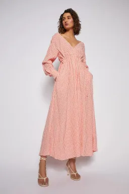 Scanlan Theodore Gingham V Neck Dress Peach Size 10 for rent on The Volte - image 1