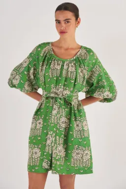 Oroton Full Sleeve Posie Print Mini Sun Dress Green Floral Size 12 for rent on The Volte - image 1