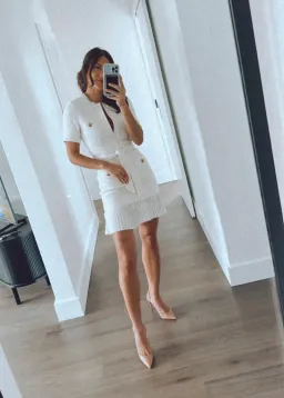 Sandro Tweed Pleated Trim Mini Dress in Ecru Size 34 FR / 6 AU for rent on The Volte - image 1