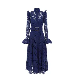 Leo Lin Aliyah Lace Butterfly Sleeve Midi Dress in Oxford Blue Size 10 for rent on The Volte - image 1
