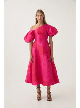 Aje Arista Tulip Sleeve Midi Dress Fluorescent Rose Size AU 10  for rent on The Volte - image 1