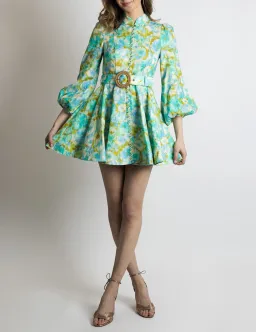 Zimmermann High Tide Buttoned Mini Dress Aqua Floral Ikat Size 1/ AU 10 for rent on The Volte - image 2