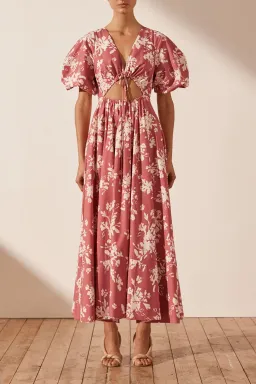 Shona Joy Cali Short Sleeve Cut Out Midi Dress Pink Floral Size 12 for rent on The Volte - image 1