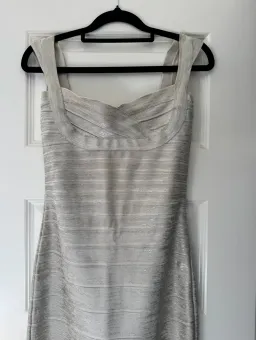 Herve Leger Sweetheart Banded Foil Gown Silver in Size XS/AU 6 for rent on The Volte - image 2