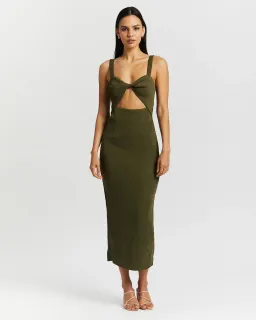 Shona Joy Simone Fitted Cut Out Midi Dress Olive Green Size 6 for rent on The Volte - image 1
