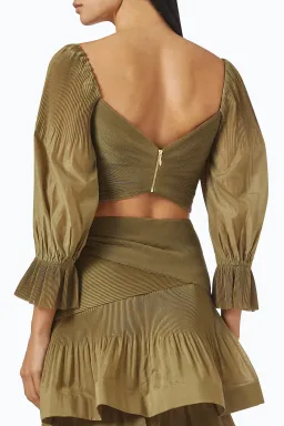 Zimmermann Pleated Bodice and Tiered Skirt Set in Olive Size 1 / AU 10 for rent on The Volte - image 3