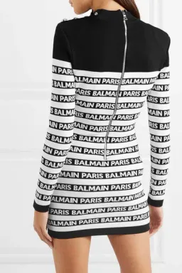 Balmain Button Embellished Fitted Logo Striped Mini Dress Black/White Size 8 for rent on The Volte - image 2