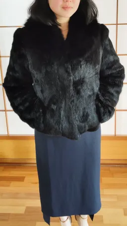 Black Genuine Rabbit Fur Jacket with Fox Collar in Small / AU 8 for rent on The Volte - image 1