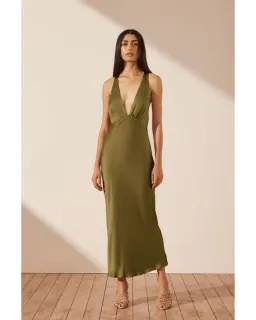 Shona Joy Arienzo Plunged Cross Back Midi Dress Green Olive Size AU 10 for rent on The Volte - image 1