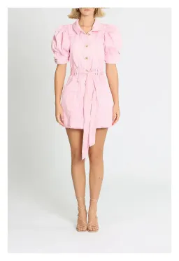 Aje Flora Denim Puff Sleeve Mini Dress Pink Size 8 for rent on The Volte - image 1