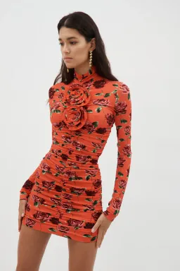 Magda Butrym High Neck Long Sleeve Ruched Mini Dress Red Orange Floral Size FR 36 / AU 8 for rent on The Volte - image 1