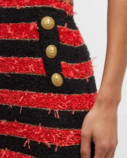 Balmain Button-embellished Striped Metallic Bouclé Mini Skirt In Red Size AU 8 for rent on The Volte - image 3