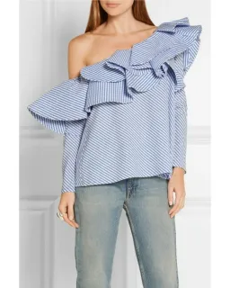Johanna Ortiz Anastasia One Shoulder Top in Blue Stripe Size AU 8 for rent on The Volte - image 2